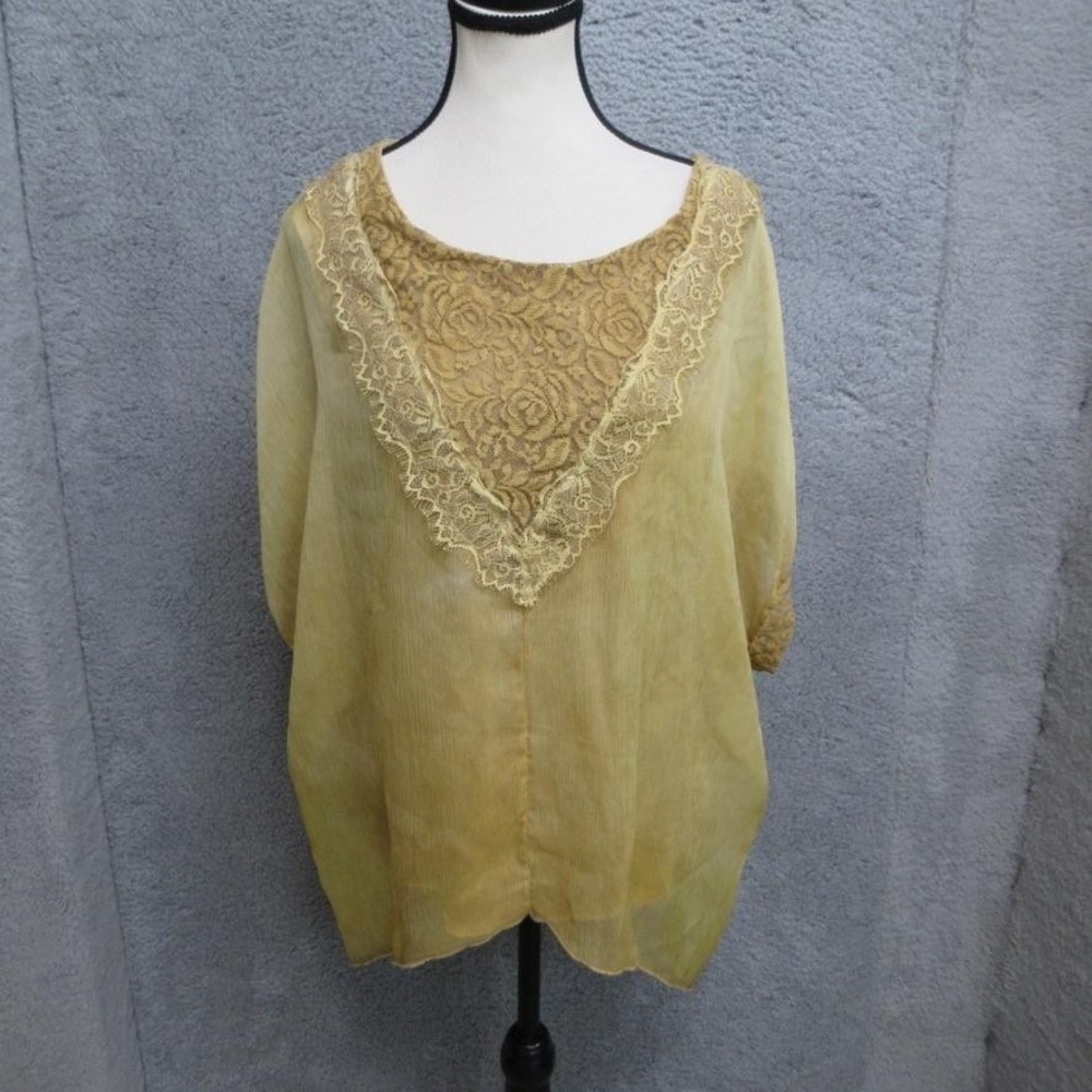 Urban Mangoz Blouse Womens Medium Gold‎ Lace V-Neck Sheer Hi-Low Boho Tunic Top